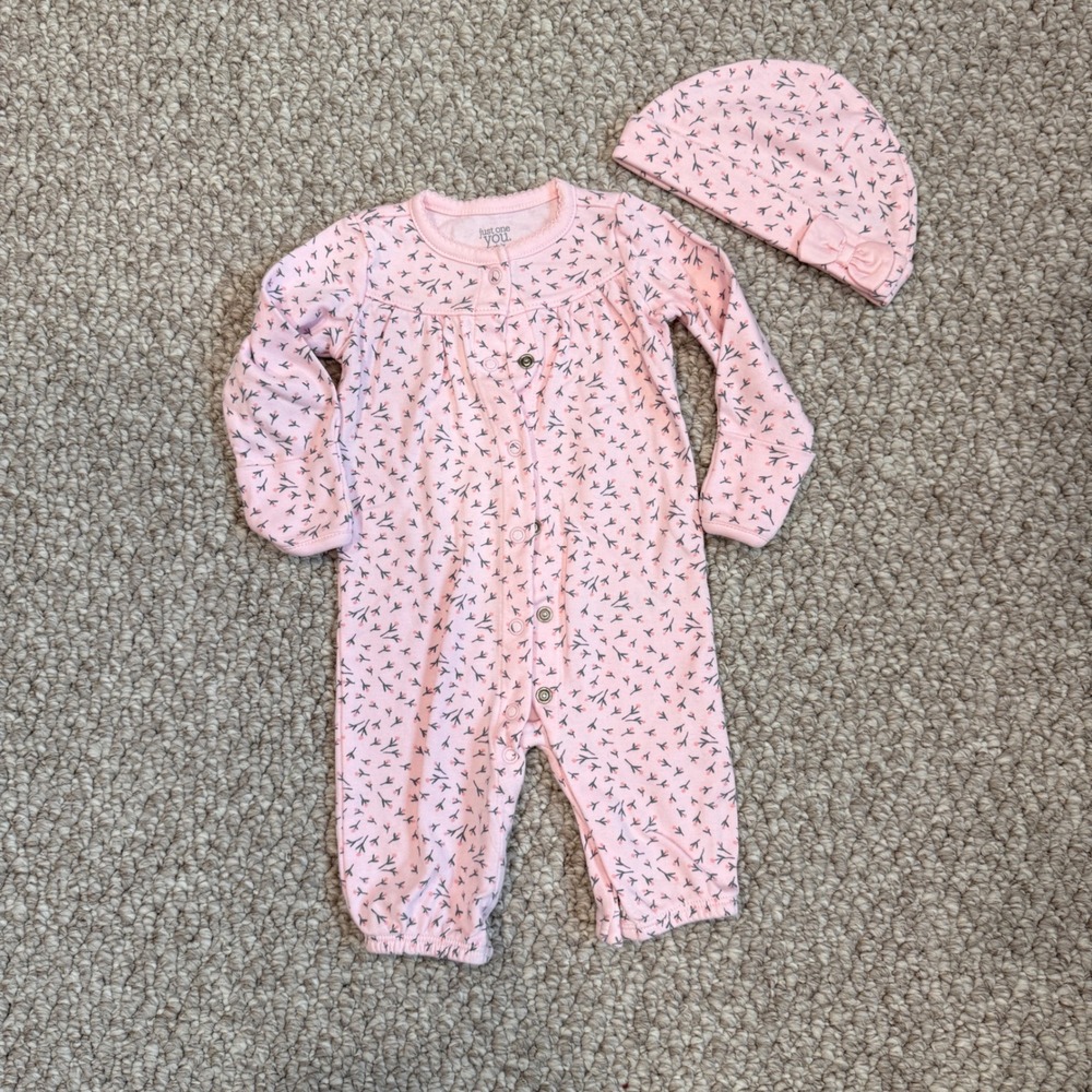 Carters Baby Girls Floral Snap Up Romper and Hat Set Size 3 Months